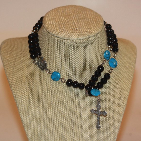 Rosary Vintage Turquois Stone Crucifix Catholic Silver Tone Cross - Picture 1 of 5